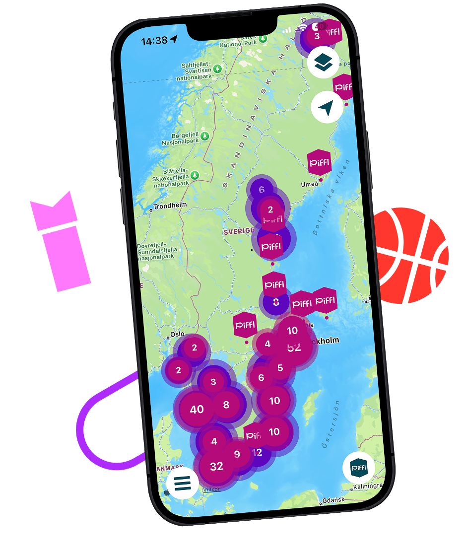 En smartphone visar Piffl-appen med kartvyn över aktivitetsboxarna.